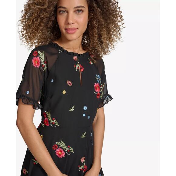 Kensie Black Dress Women's 16 Plus Size Embroidered Floral Chiffon Date Night - Picture 4 of 16